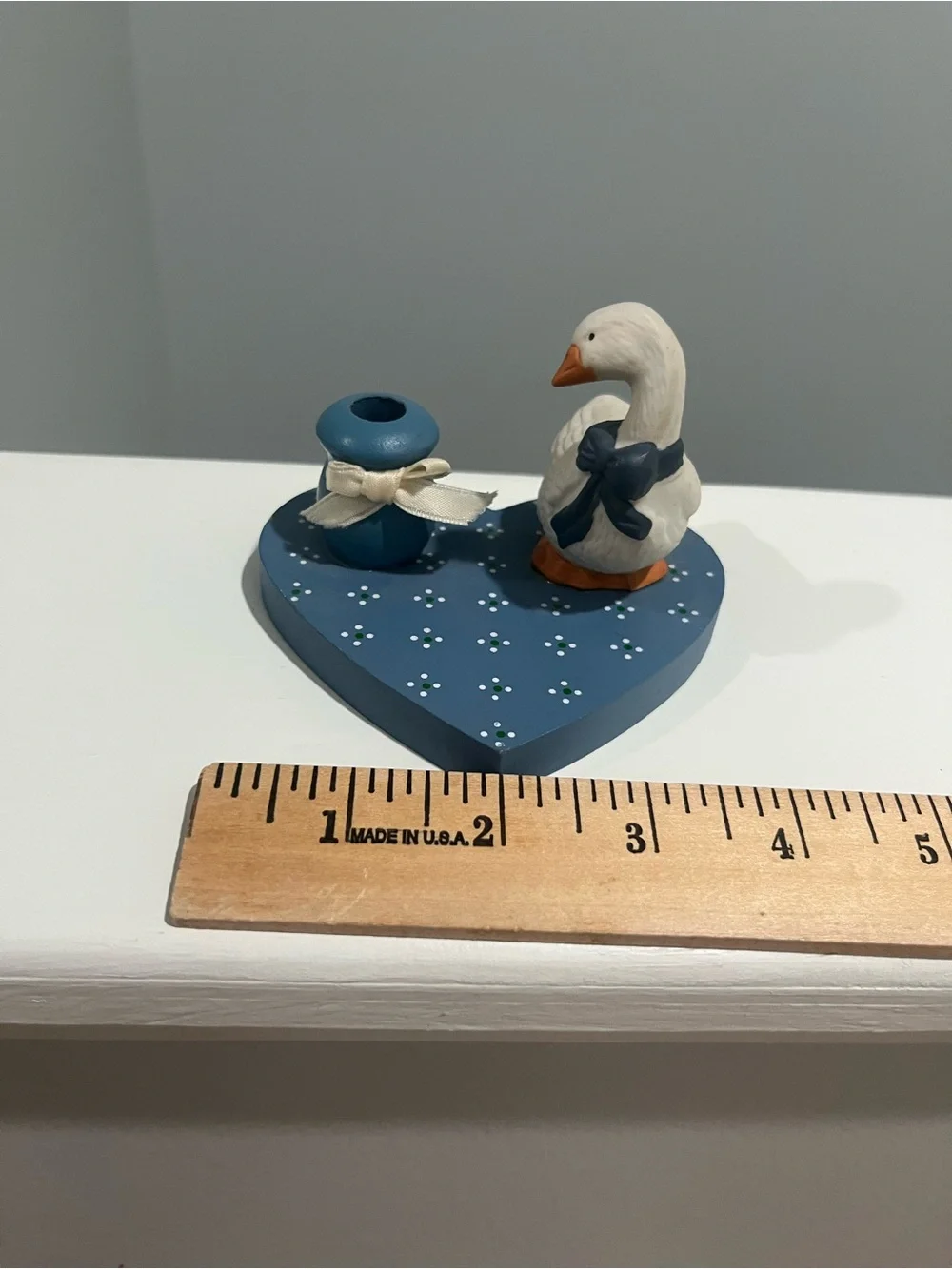 Cottagecore 1988 candle holder goose with bow Blue Heart Duck Figurine with Bow